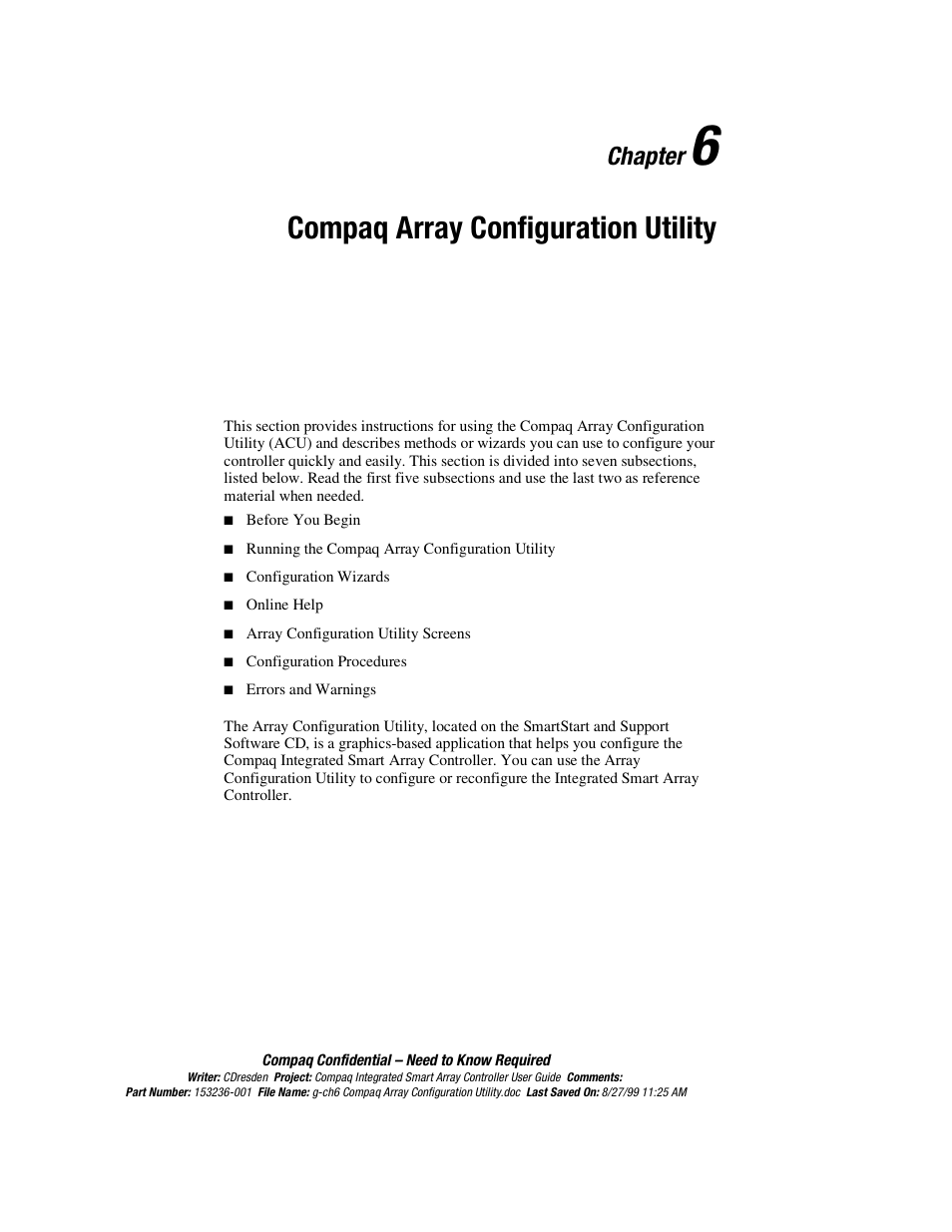 Chapter 6 compaq array configuration utility, Chapter 6, Compaq array configuration utility | Chapter | HP Compaq Integrated Smart Array Controller User Manual | Page 69 / 147