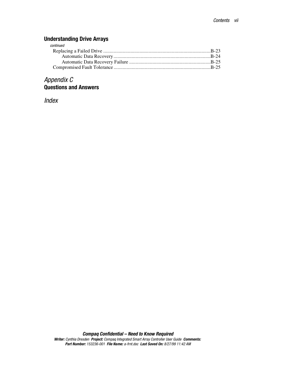 Appendix c, Index | HP Compaq Integrated Smart Array Controller User Manual | Page 7 / 147