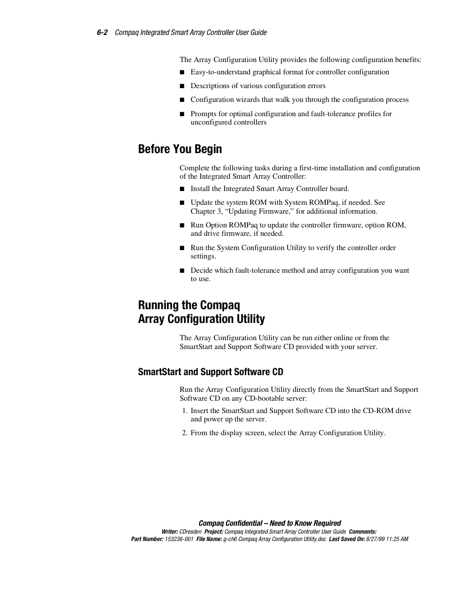 Before you begin, Running the compaq array configuration utility, Smartstart and support software cd | Smartstart and support software cd -2 | HP Compaq Integrated Smart Array Controller User Manual | Page 70 / 147