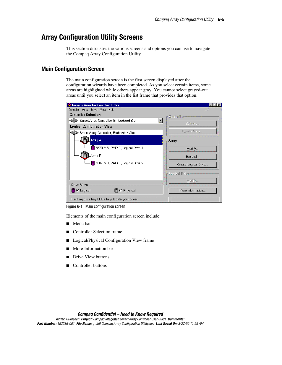 Array configuration utility screens, Main configuration screen, Array configuration utility screens -5 | Main configuration screen -5 | HP Compaq Integrated Smart Array Controller User Manual | Page 73 / 147