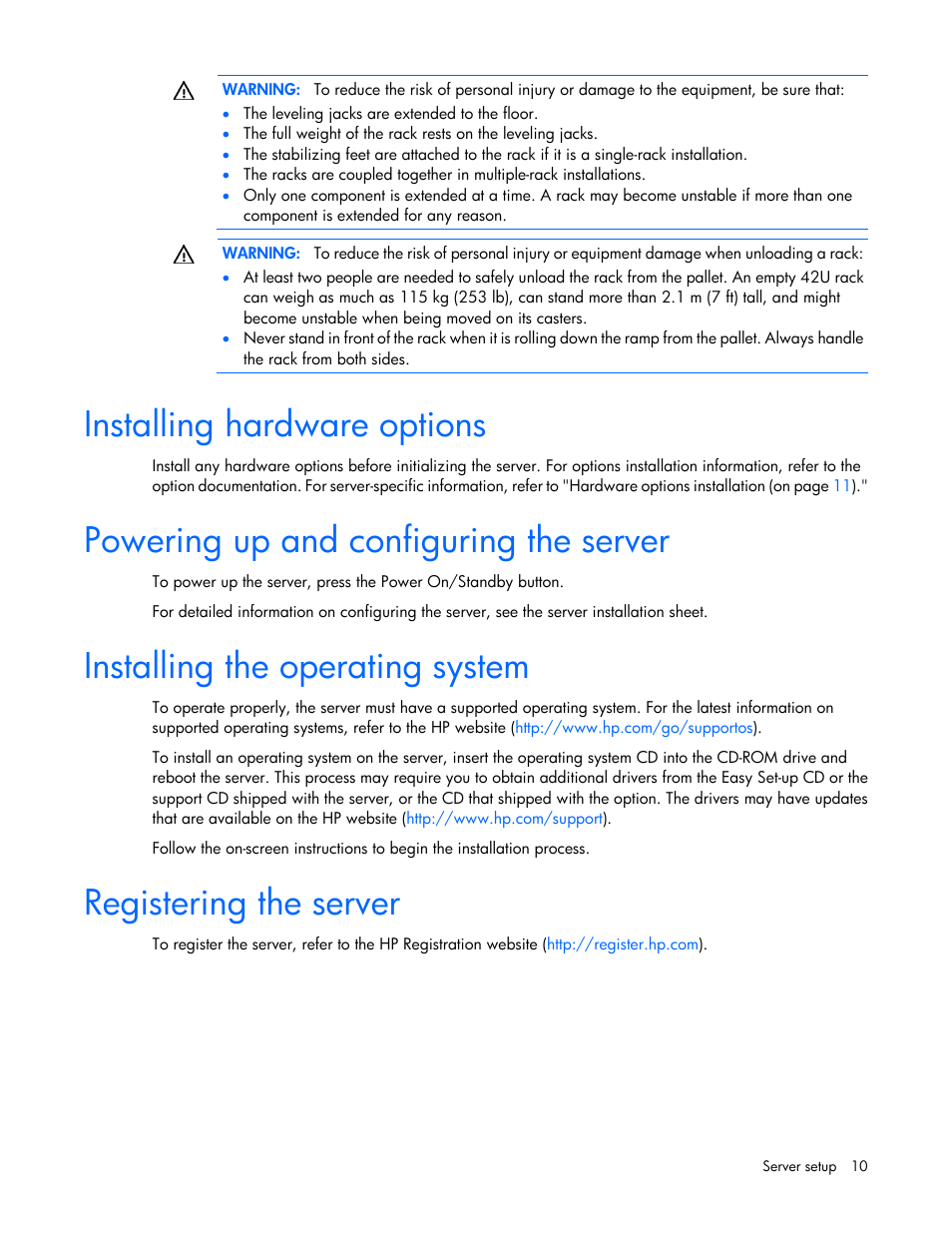 Installing hardware options, Powering up and configuring the server, Installing the operating system | Registering the server | HP ProLiant ML110 G2 Server User Manual | Page 10 / 116