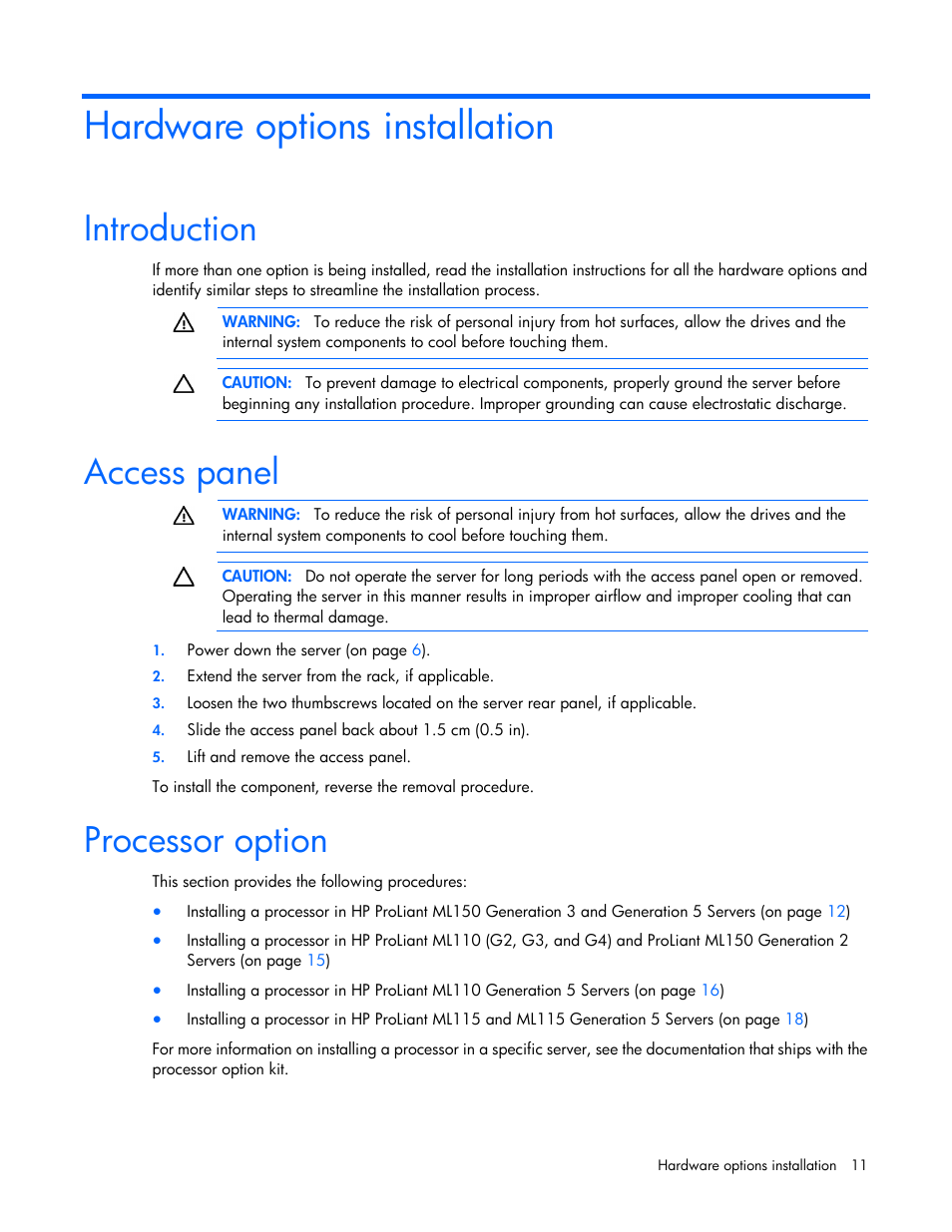 Hardware options installation, Introduction, Access panel | Processor option | HP ProLiant ML110 G2 Server User Manual | Page 11 / 116