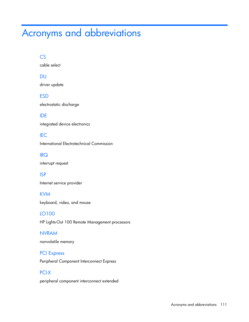 Acronyms and abbreviations | HP ProLiant ML110 G2 Server User Manual | Page 111 / 116