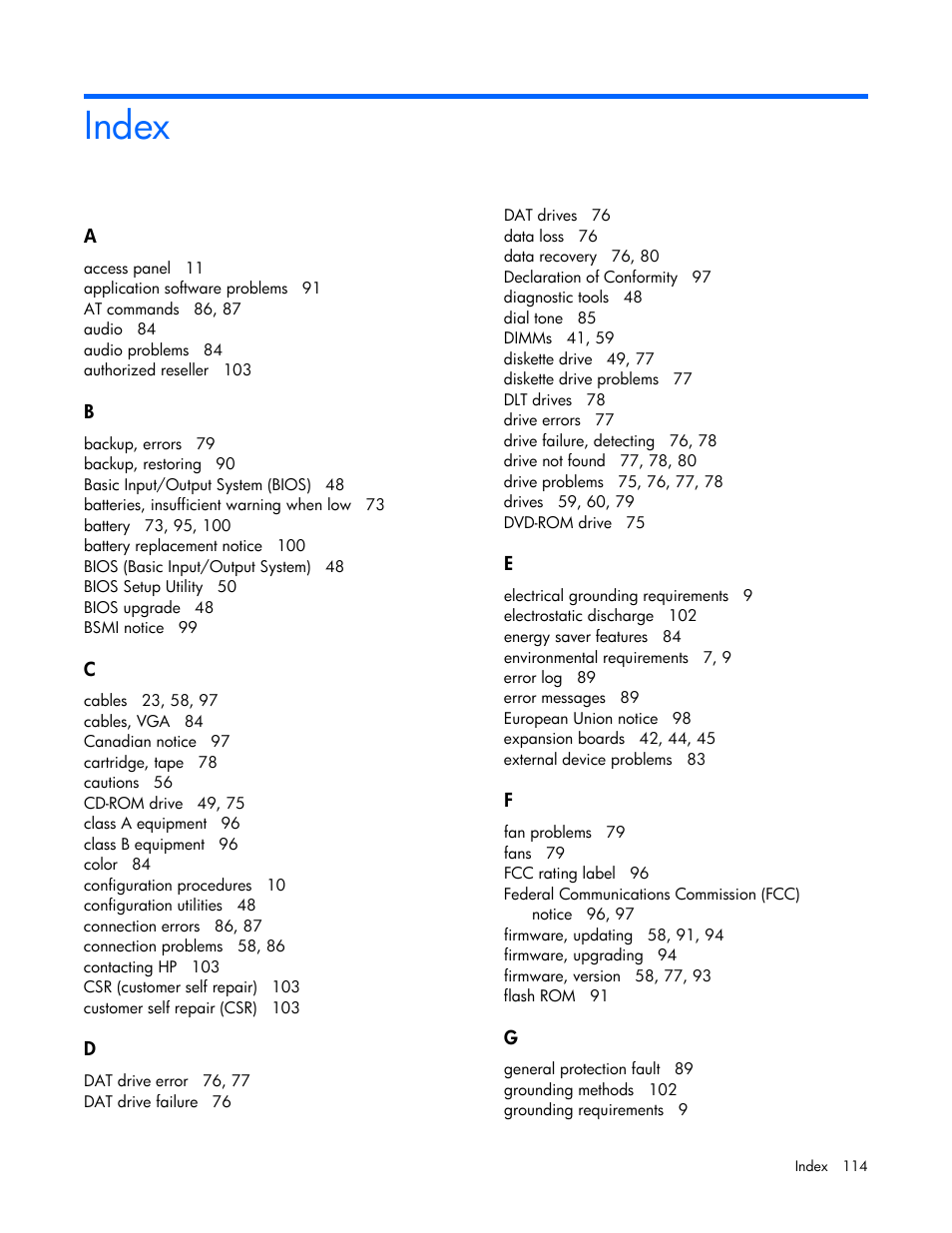 Index | HP ProLiant ML110 G2 Server User Manual | Page 114 / 116