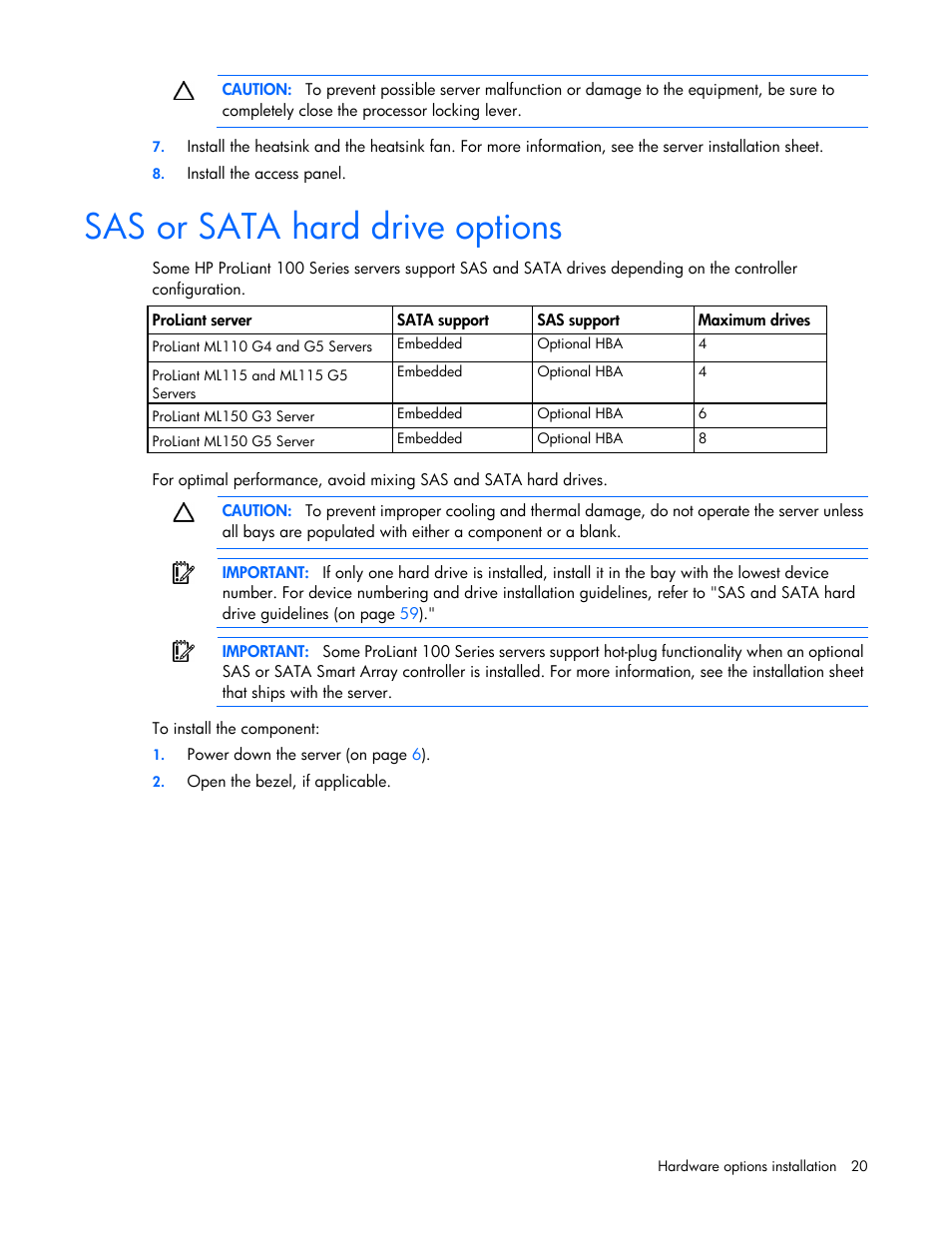 Sas or sata hard drive options | HP ProLiant ML110 G2 Server User Manual | Page 20 / 116