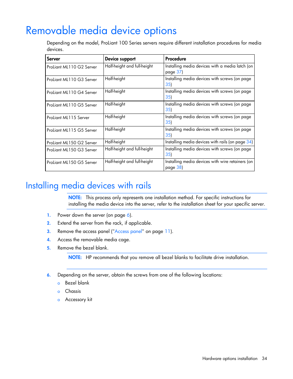 Removable media device options, Installing media devices with rails | HP ProLiant ML110 G2 Server User Manual | Page 34 / 116