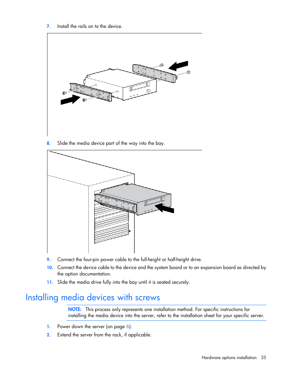 Installing media devices with screws | HP ProLiant ML110 G2 Server User Manual | Page 35 / 116