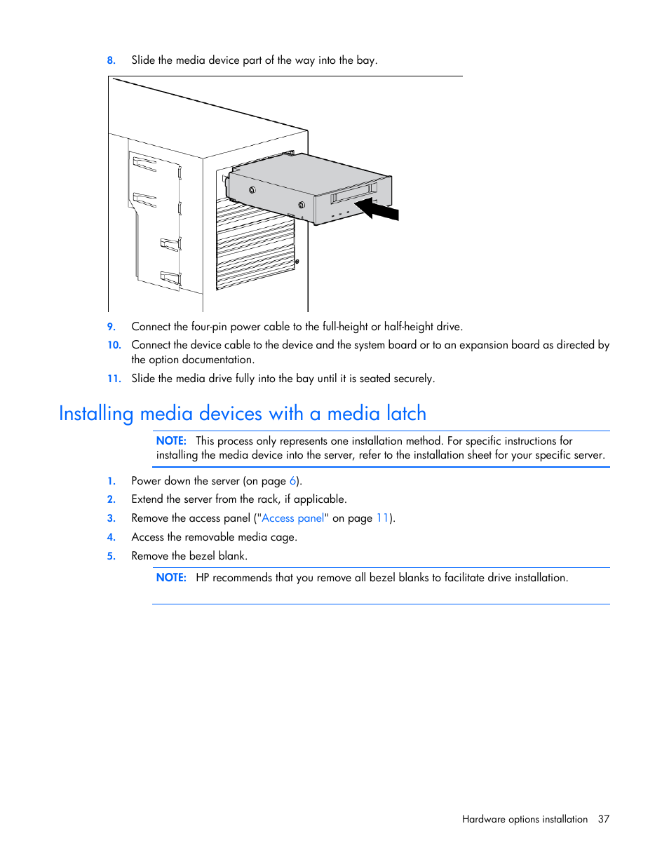 Installing media devices with a media latch | HP ProLiant ML110 G2 Server User Manual | Page 37 / 116