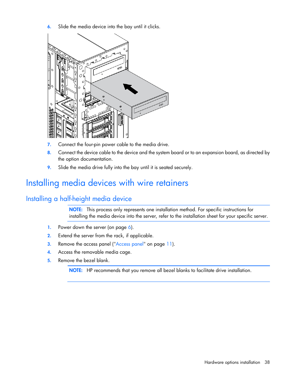 Installing media devices with wire retainers, Installing a half-height media device | HP ProLiant ML110 G2 Server User Manual | Page 38 / 116