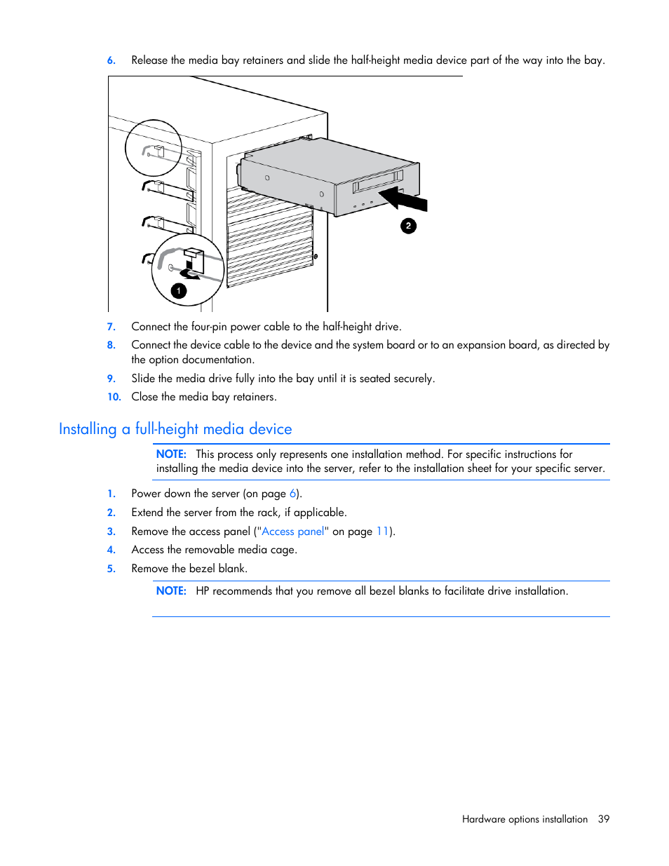 Installing a full-height media device | HP ProLiant ML110 G2 Server User Manual | Page 39 / 116