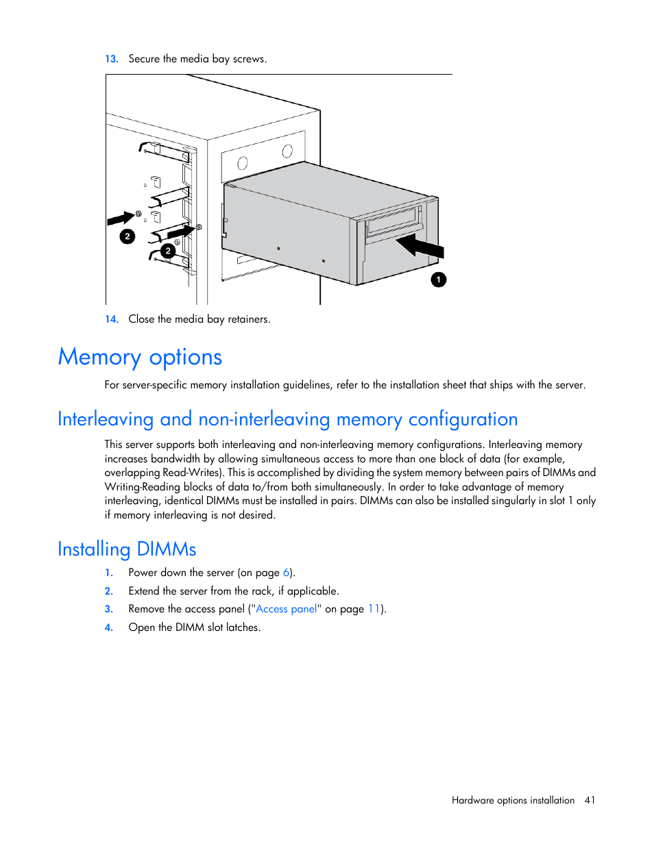 Memory options, Installing dimms | HP ProLiant ML110 G2 Server User Manual | Page 41 / 116