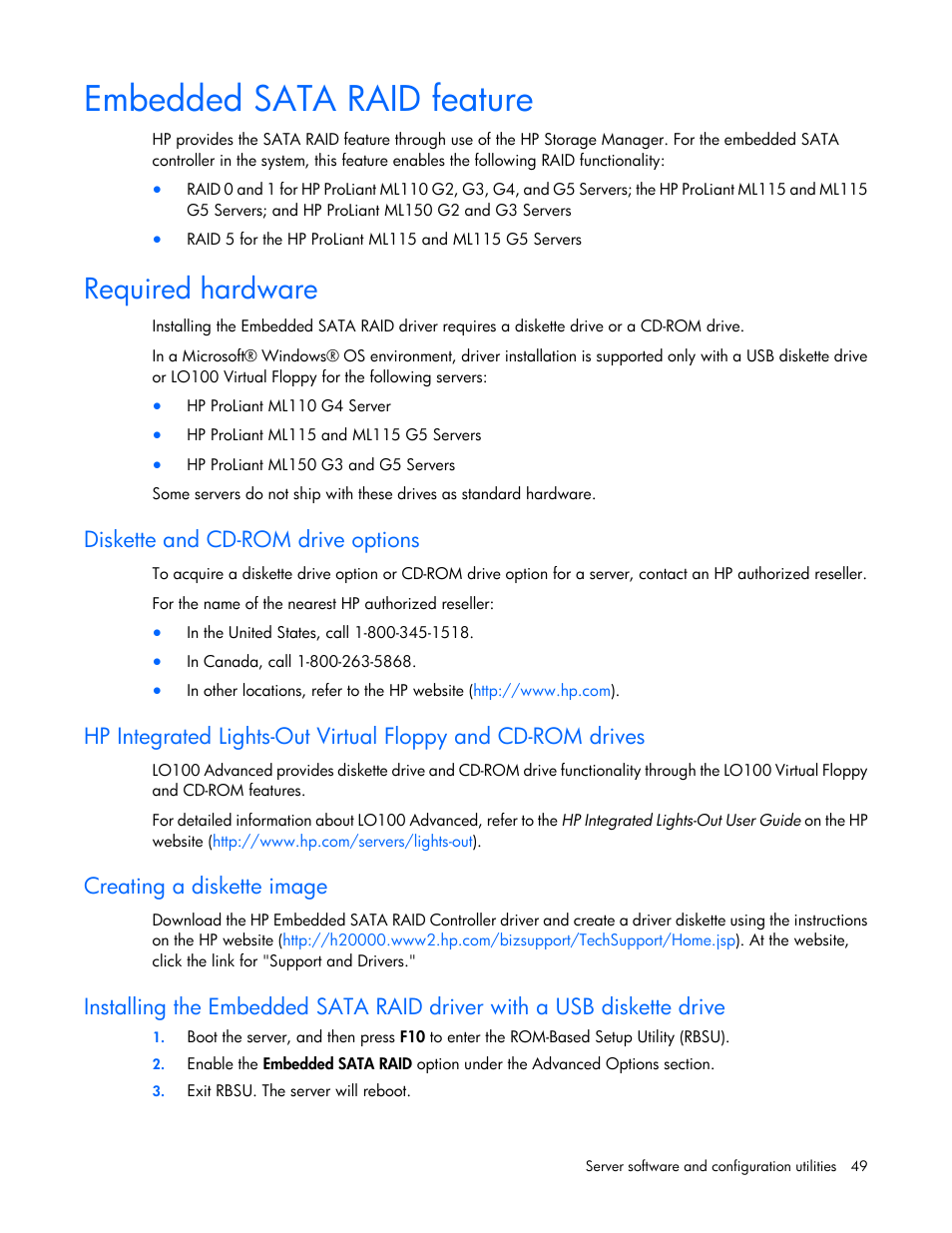 Embedded sata raid feature, Required hardware, Diskette and cd-rom drive options | Creating a diskette image | HP ProLiant ML110 G2 Server User Manual | Page 49 / 116