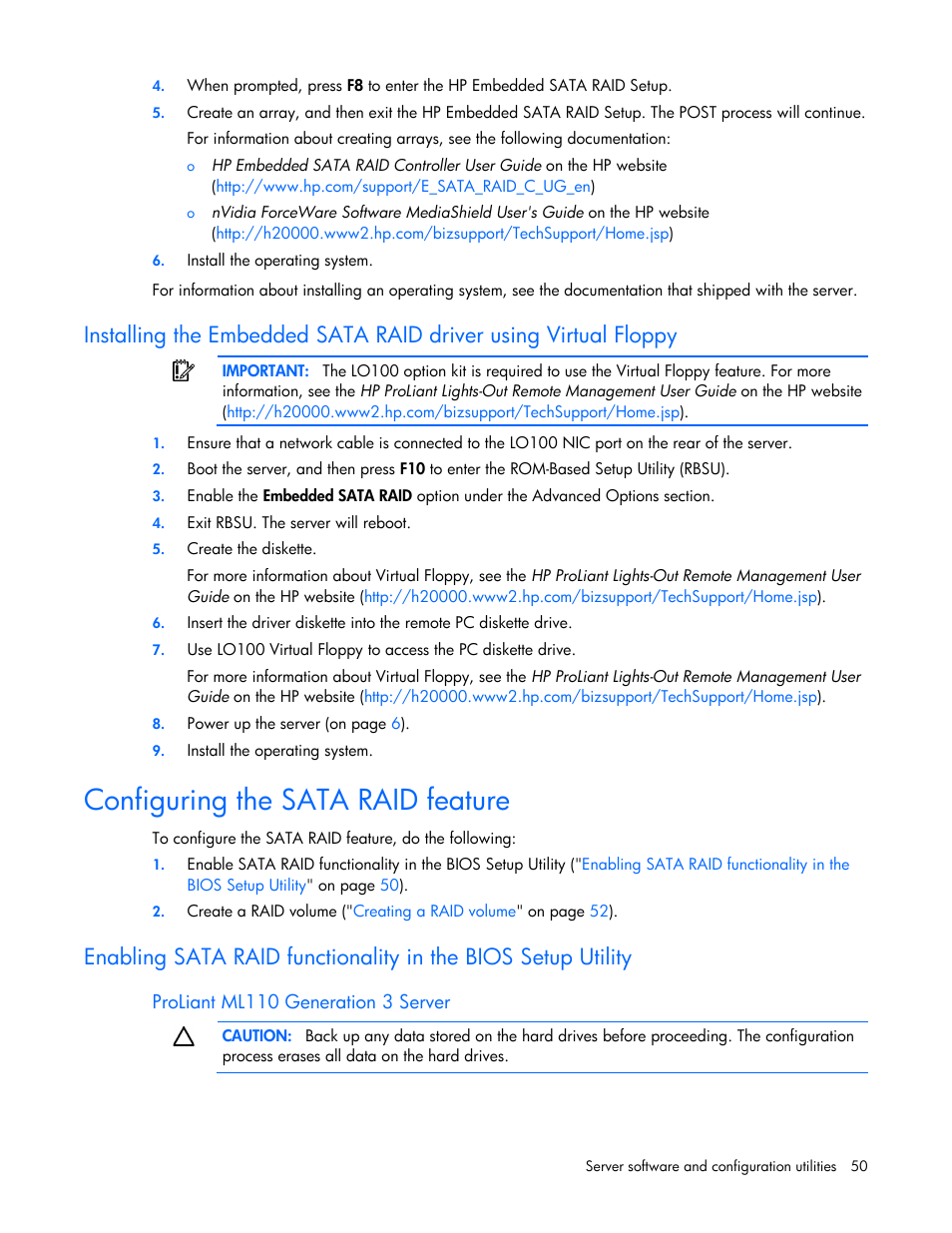 Configuring the sata raid feature, Proliant ml110 generation 3 server | HP ProLiant ML110 G2 Server User Manual | Page 50 / 116