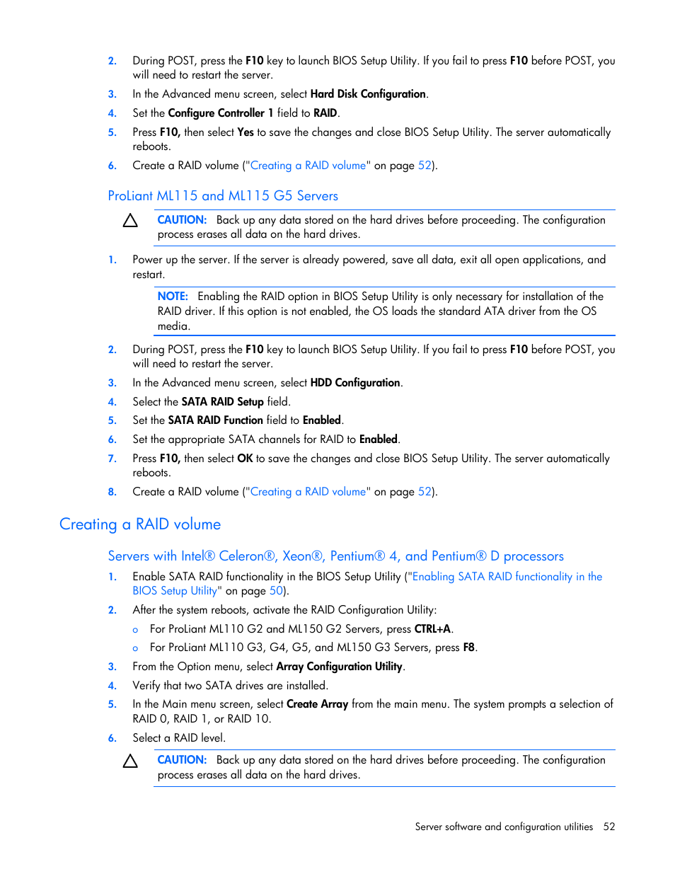 Proliant ml115 and ml115 g5 servers, Creating a raid volume | HP ProLiant ML110 G2 Server User Manual | Page 52 / 116