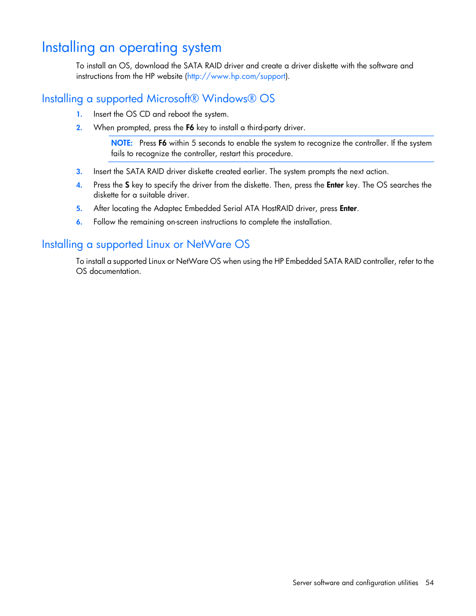 Installing an operating system, Installing a supported microsoft® windows® os, Installing a supported linux or netware os | HP ProLiant ML110 G2 Server User Manual | Page 54 / 116