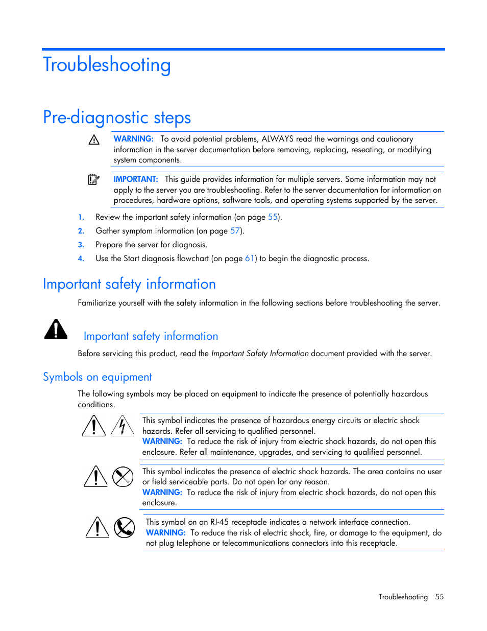 Troubleshooting, Pre-diagnostic steps, Important safety information | Symbols on equipment | HP ProLiant ML110 G2 Server User Manual | Page 55 / 116