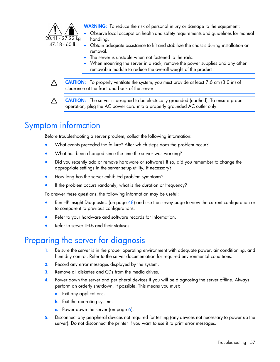 Symptom information, Preparing the server for diagnosis | HP ProLiant ML110 G2 Server User Manual | Page 57 / 116