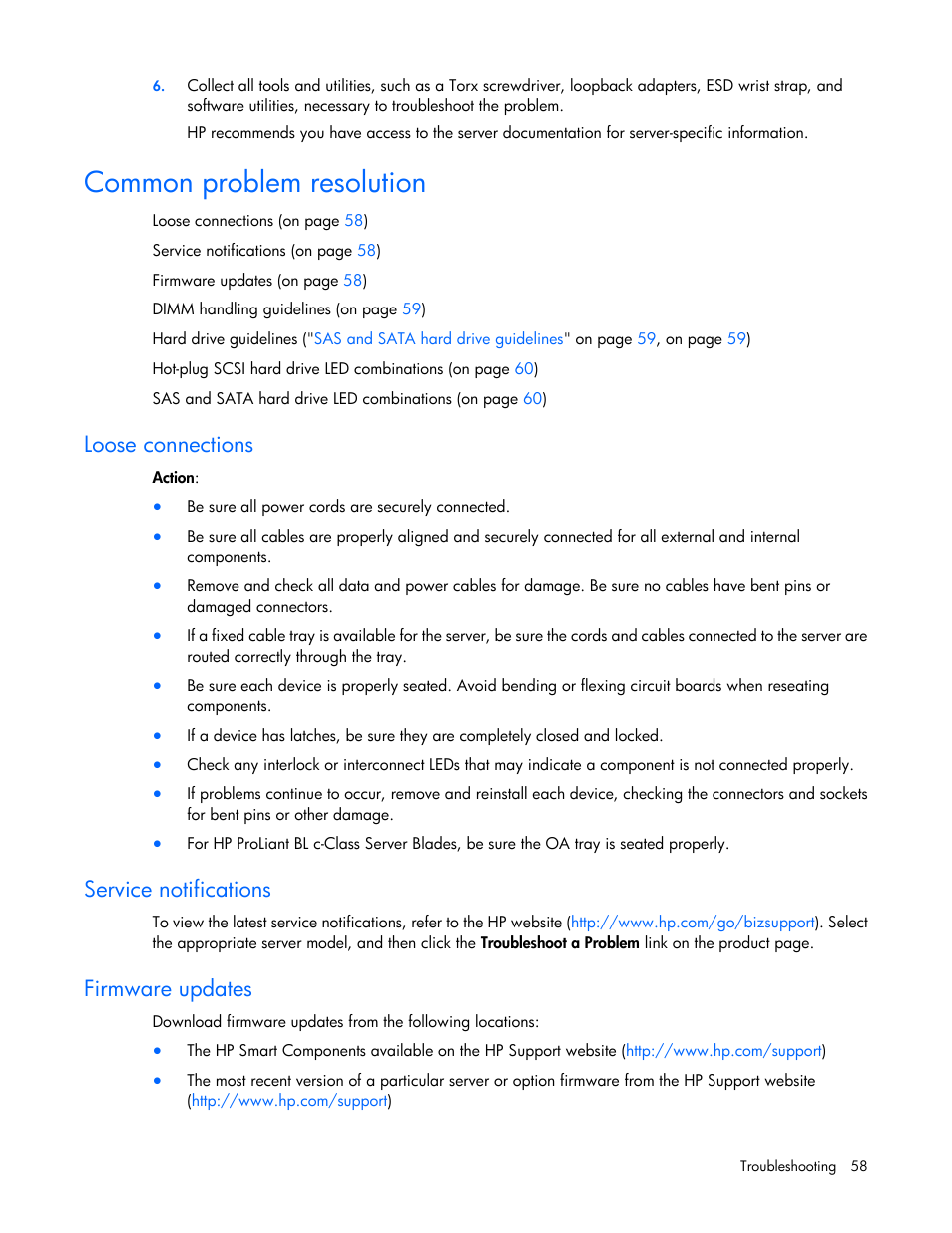 Common problem resolution, Loose connections, Service notifications | Firmware updates | HP ProLiant ML110 G2 Server User Manual | Page 58 / 116