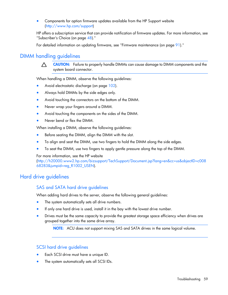 Dimm handling guidelines, Hard drive guidelines, Sas and sata hard drive guidelines | Scsi hard drive guidelines | HP ProLiant ML110 G2 Server User Manual | Page 59 / 116