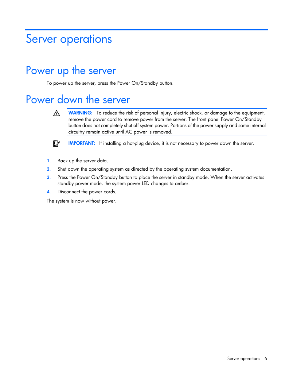 Server operations, Power up the server, Power down the server | HP ProLiant ML110 G2 Server User Manual | Page 6 / 116