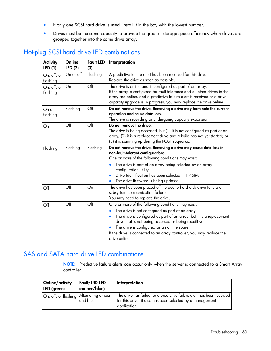 Hot-plug scsi hard drive led combinations, Sas and sata hard drive led combinations, Sas and sata | Hard drive led combinations | HP ProLiant ML110 G2 Server User Manual | Page 60 / 116