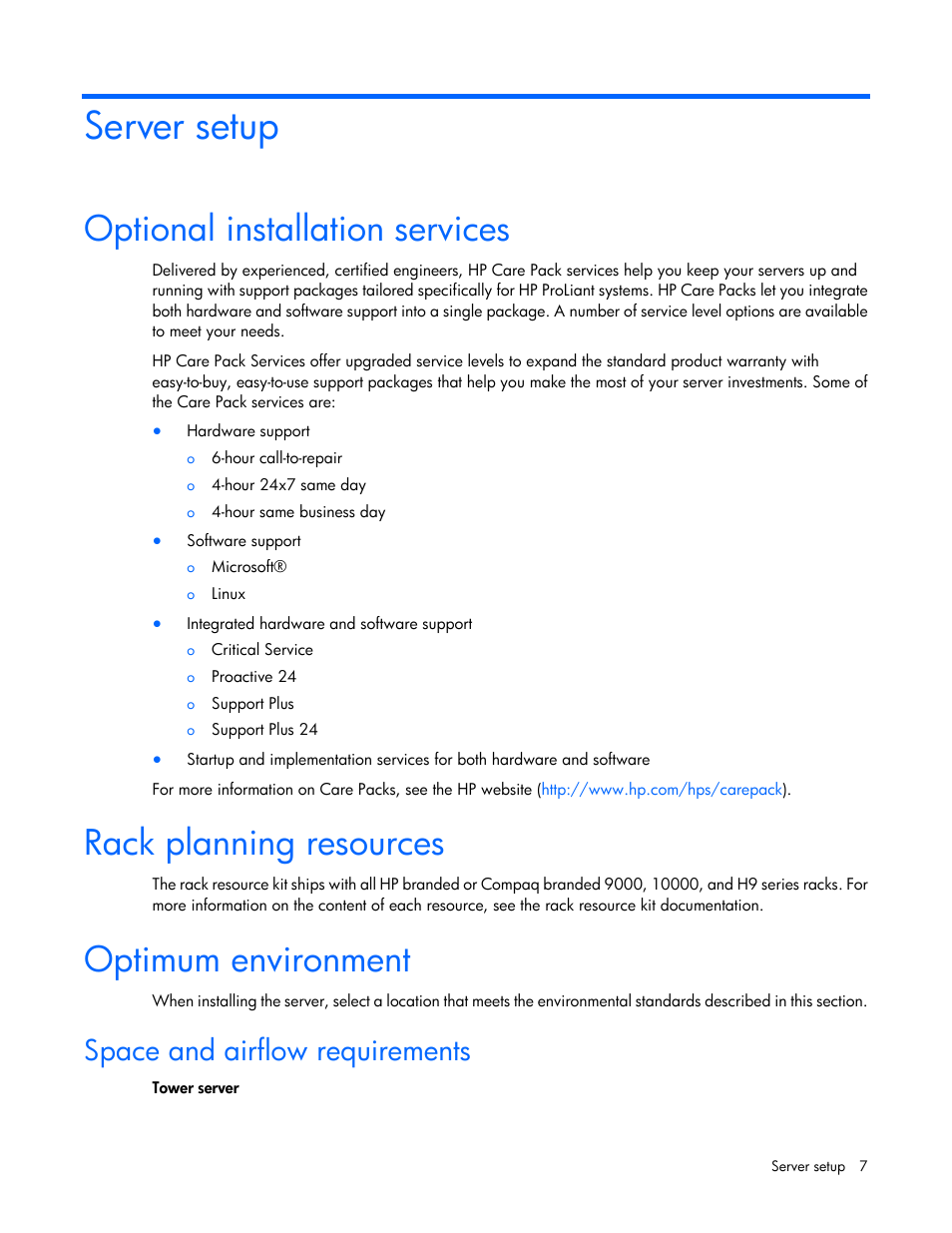 Server setup, Optional installation services, Rack planning resources | Optimum environment, Space and airflow requirements | HP ProLiant ML110 G2 Server User Manual | Page 7 / 116