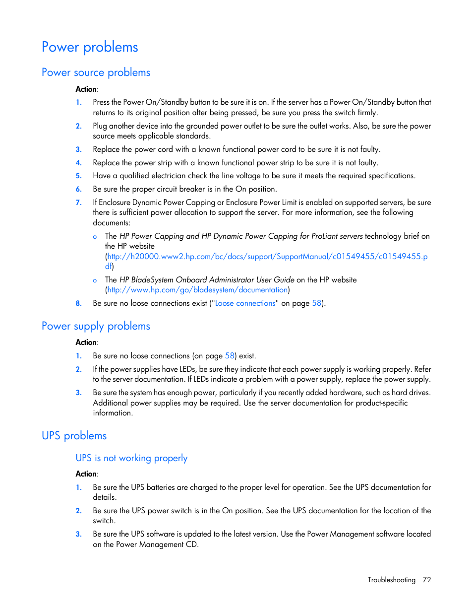 Power problems, Power source problems, Power supply problems | Ups problems, Ups is not working properly | HP ProLiant ML110 G2 Server User Manual | Page 72 / 116