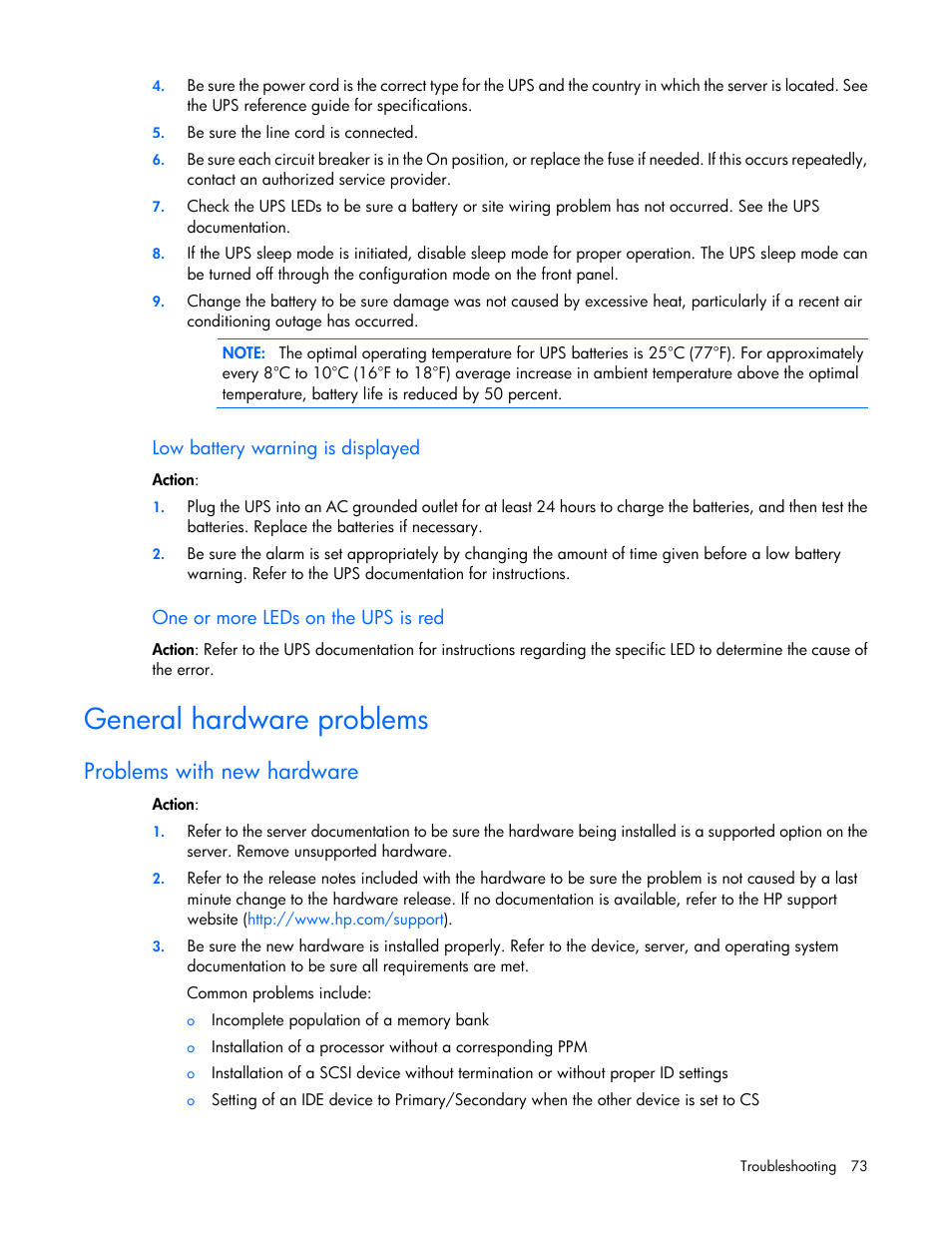 Low battery warning is displayed, One or more leds on the ups is red, General hardware problems | Problems with new hardware | HP ProLiant ML110 G2 Server User Manual | Page 73 / 116