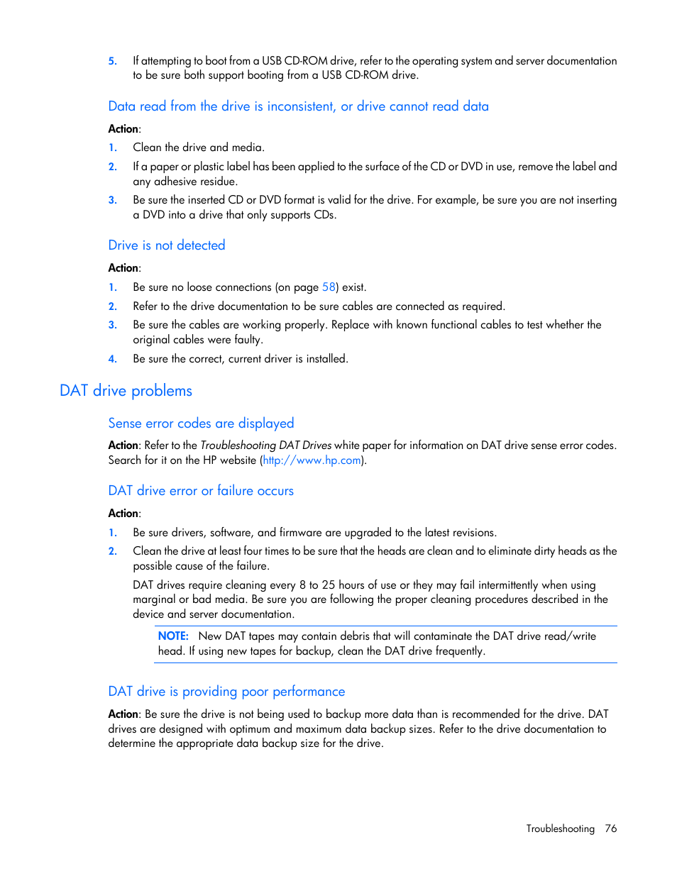 Drive is not detected, Dat drive problems, Sense error codes are displayed | Dat drive error or failure occurs, Dat drive is providing poor performance | HP ProLiant ML110 G2 Server User Manual | Page 76 / 116