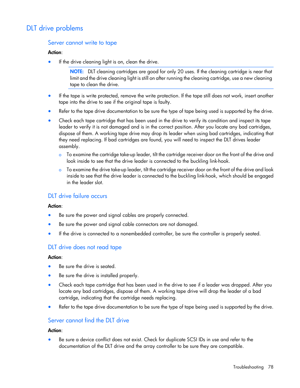 Dlt drive problems, Server cannot write to tape, Dlt drive failure occurs | Dlt drive does not read tape, Server cannot find the dlt drive | HP ProLiant ML110 G2 Server User Manual | Page 78 / 116