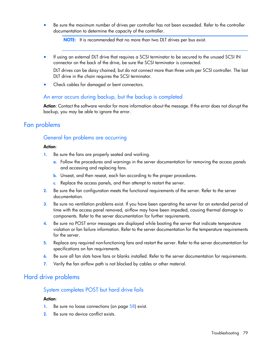 Fan problems, General fan problems are occurring, Hard drive problems | System completes post but hard drive fails | HP ProLiant ML110 G2 Server User Manual | Page 79 / 116