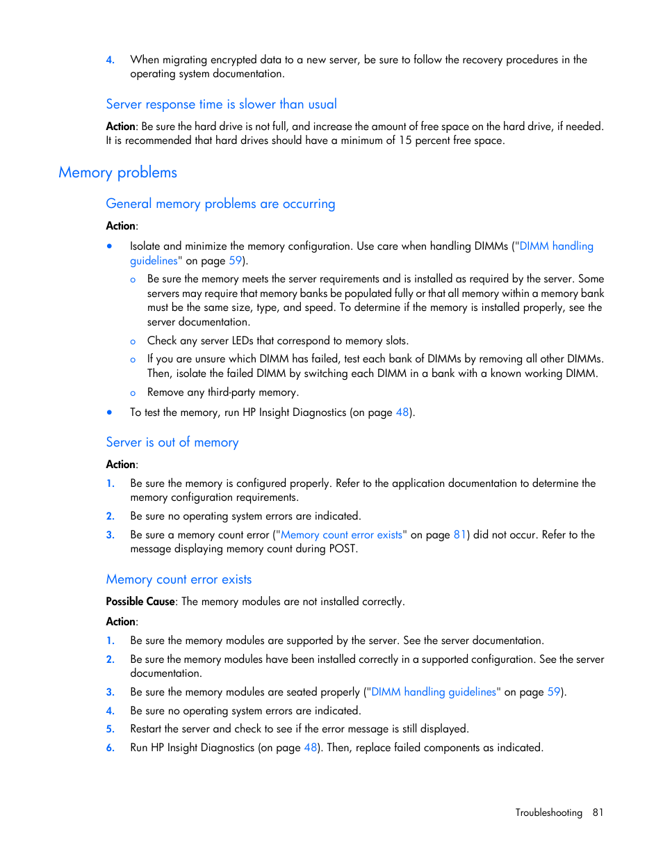 Server response time is slower than usual, Memory problems, General memory problems are occurring | Server is out of memory, Memory count error exists | HP ProLiant ML110 G2 Server User Manual | Page 81 / 116