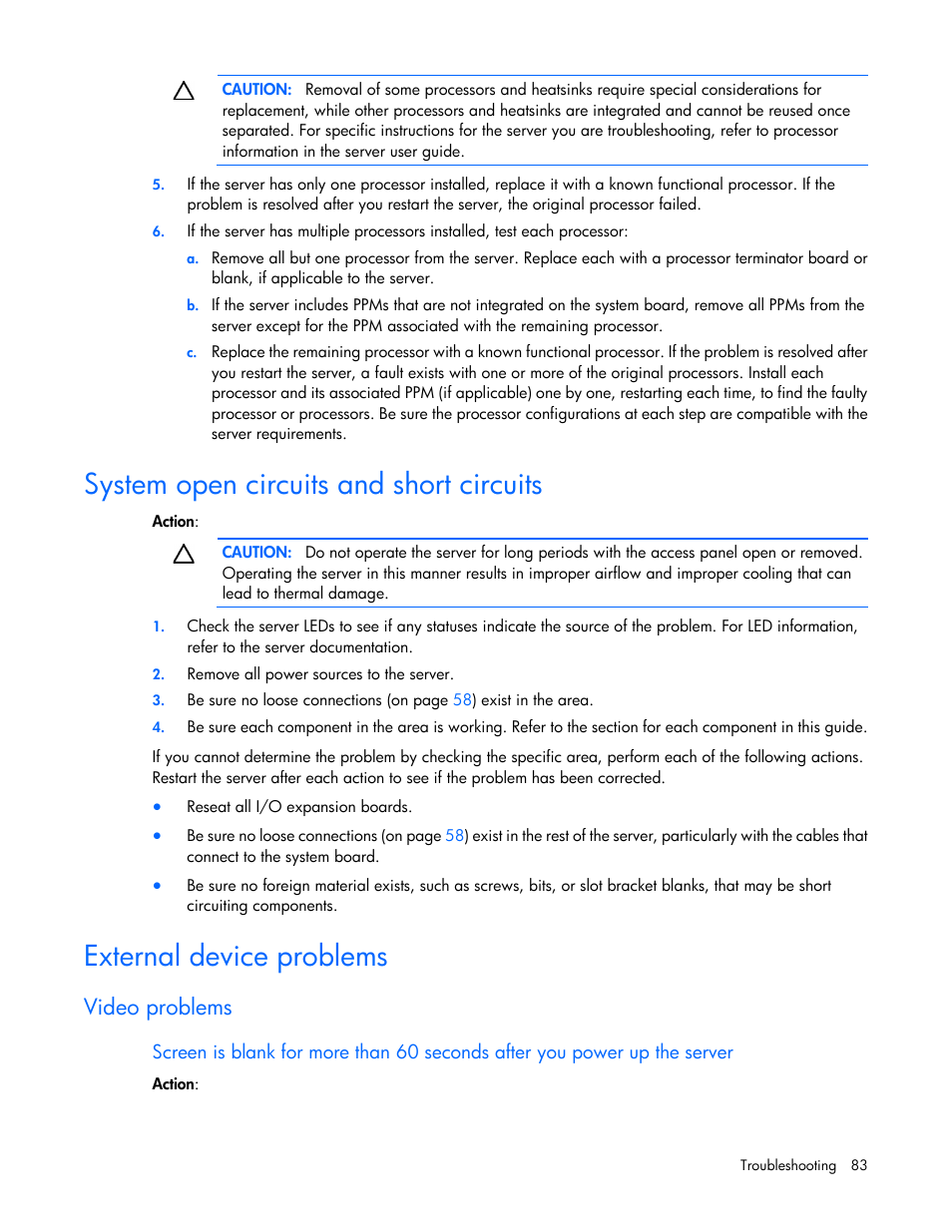 System open circuits and short circuits, External device problems, Video problems | HP ProLiant ML110 G2 Server User Manual | Page 83 / 116