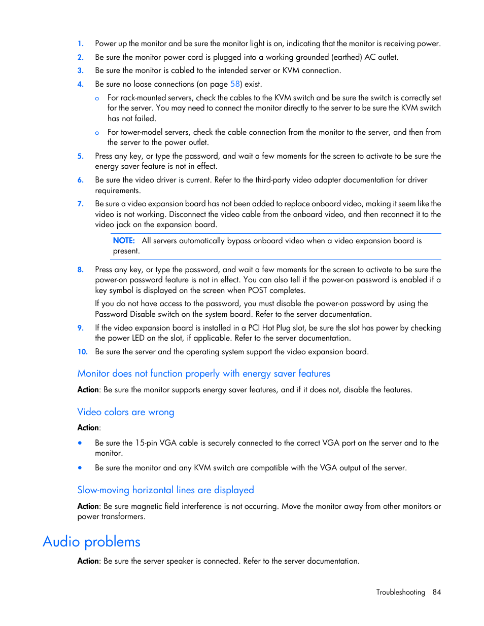 Video colors are wrong, Slow-moving horizontal lines are displayed, Audio problems | HP ProLiant ML110 G2 Server User Manual | Page 84 / 116