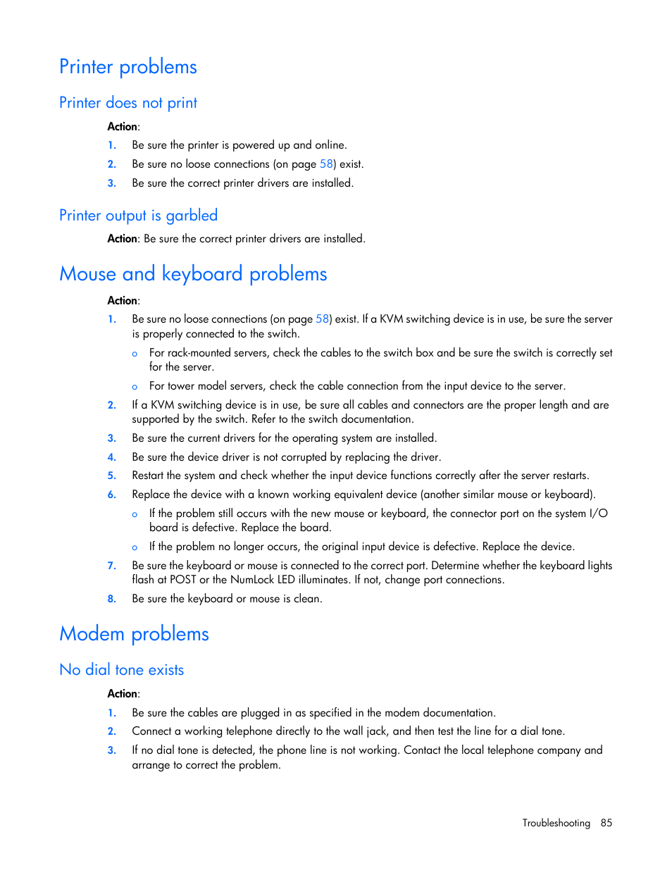 Printer problems, Printer does not print, Printer output is garbled | Mouse and keyboard problems, Modem problems, No dial tone exists | HP ProLiant ML110 G2 Server User Manual | Page 85 / 116