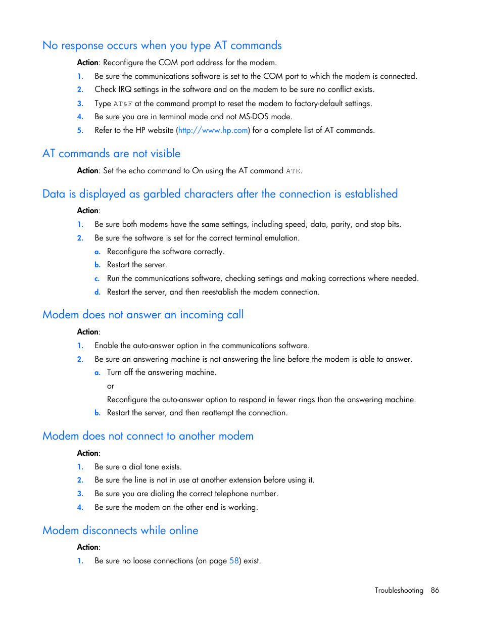 No response occurs when you type at commands, At commands are not visible, Modem does not answer an incoming call | Modem does not connect to another modem, Modem disconnects while online | HP ProLiant ML110 G2 Server User Manual | Page 86 / 116