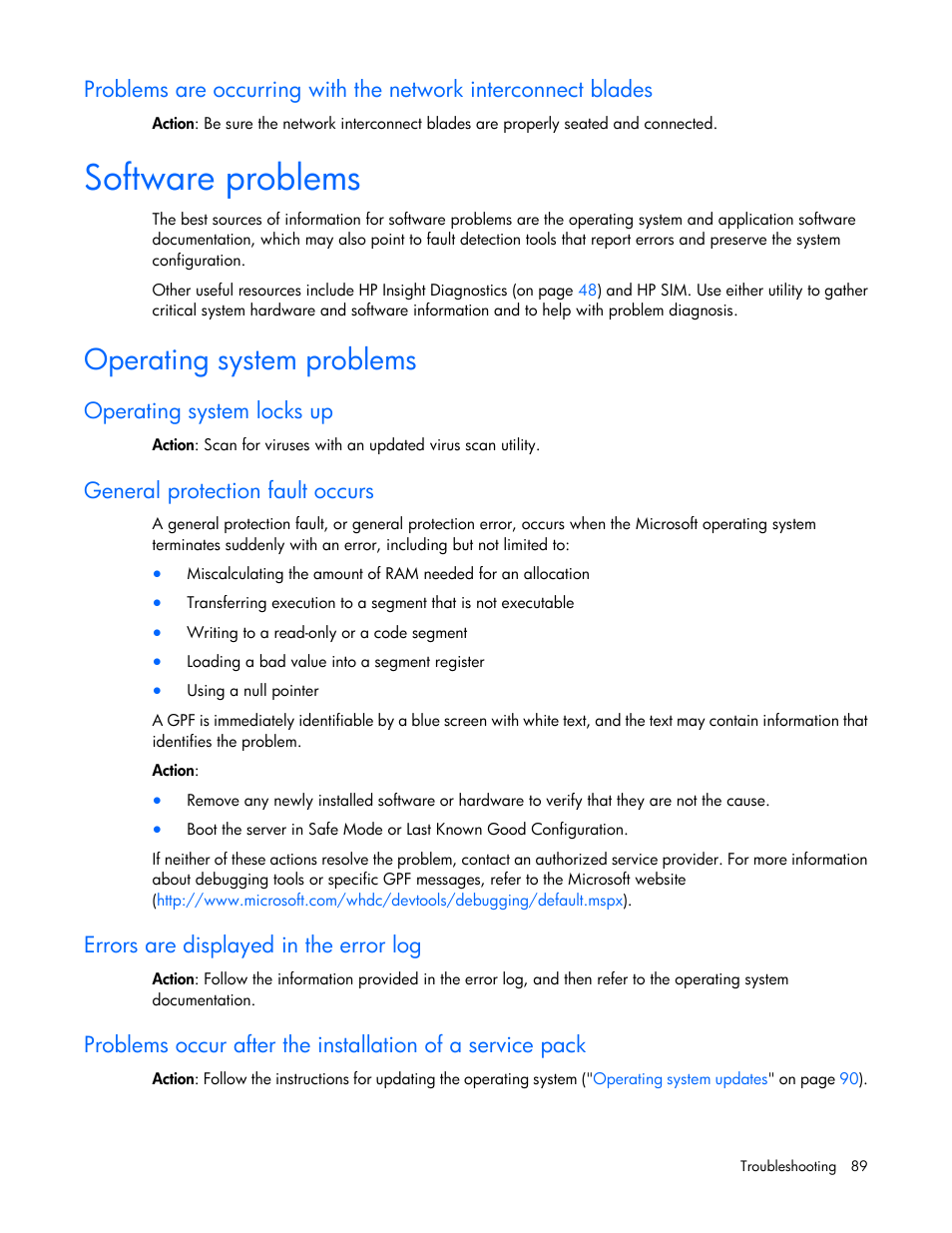 Software problems, Operating system problems, Operating system locks up | General protection fault occurs, Errors are displayed in the error log | HP ProLiant ML110 G2 Server User Manual | Page 89 / 116