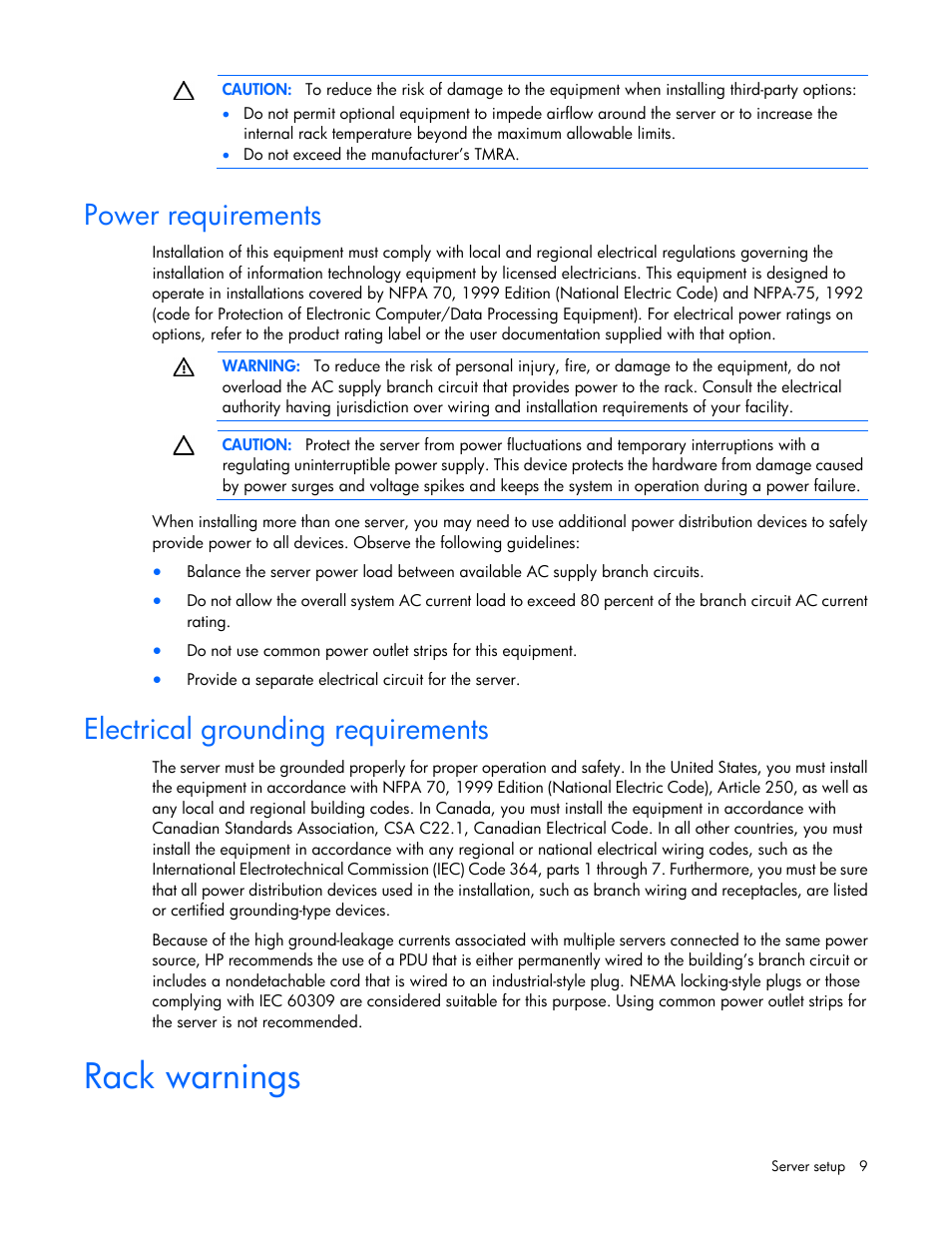 Power requirements, Electrical grounding requirements, Rack warnings | HP ProLiant ML110 G2 Server User Manual | Page 9 / 116