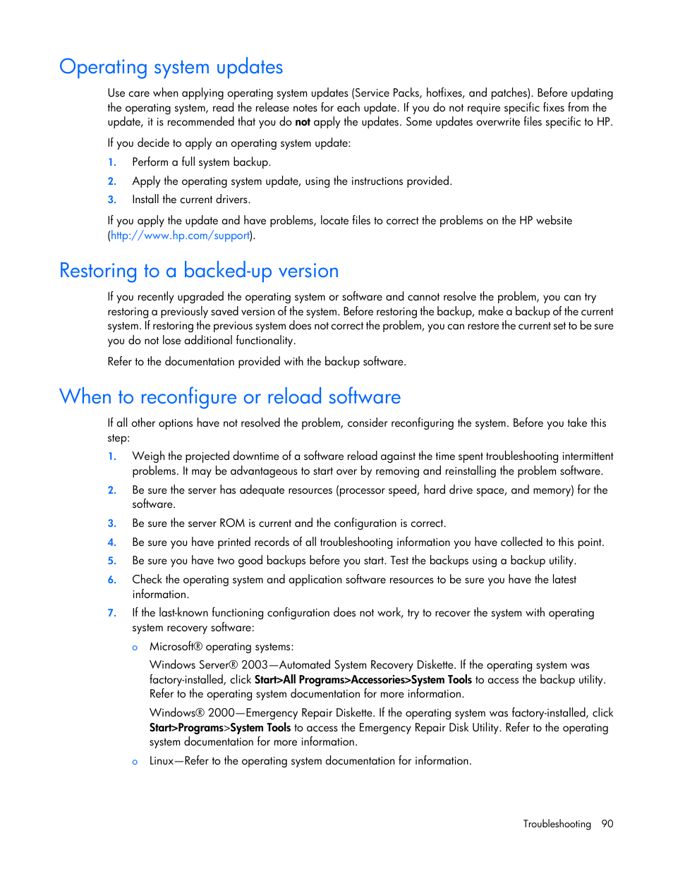 Operating system updates, Restoring to a backed-up version, When to reconfigure or reload software | HP ProLiant ML110 G2 Server User Manual | Page 90 / 116