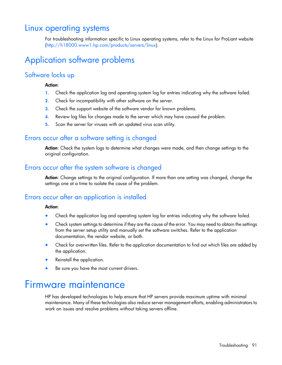 Linux operating systems, Application software problems, Software locks up | Errors occur after a software setting is changed, Errors occur after the system software is changed, Errors occur after an application is installed, Firmware maintenance | HP ProLiant ML110 G2 Server User Manual | Page 91 / 116