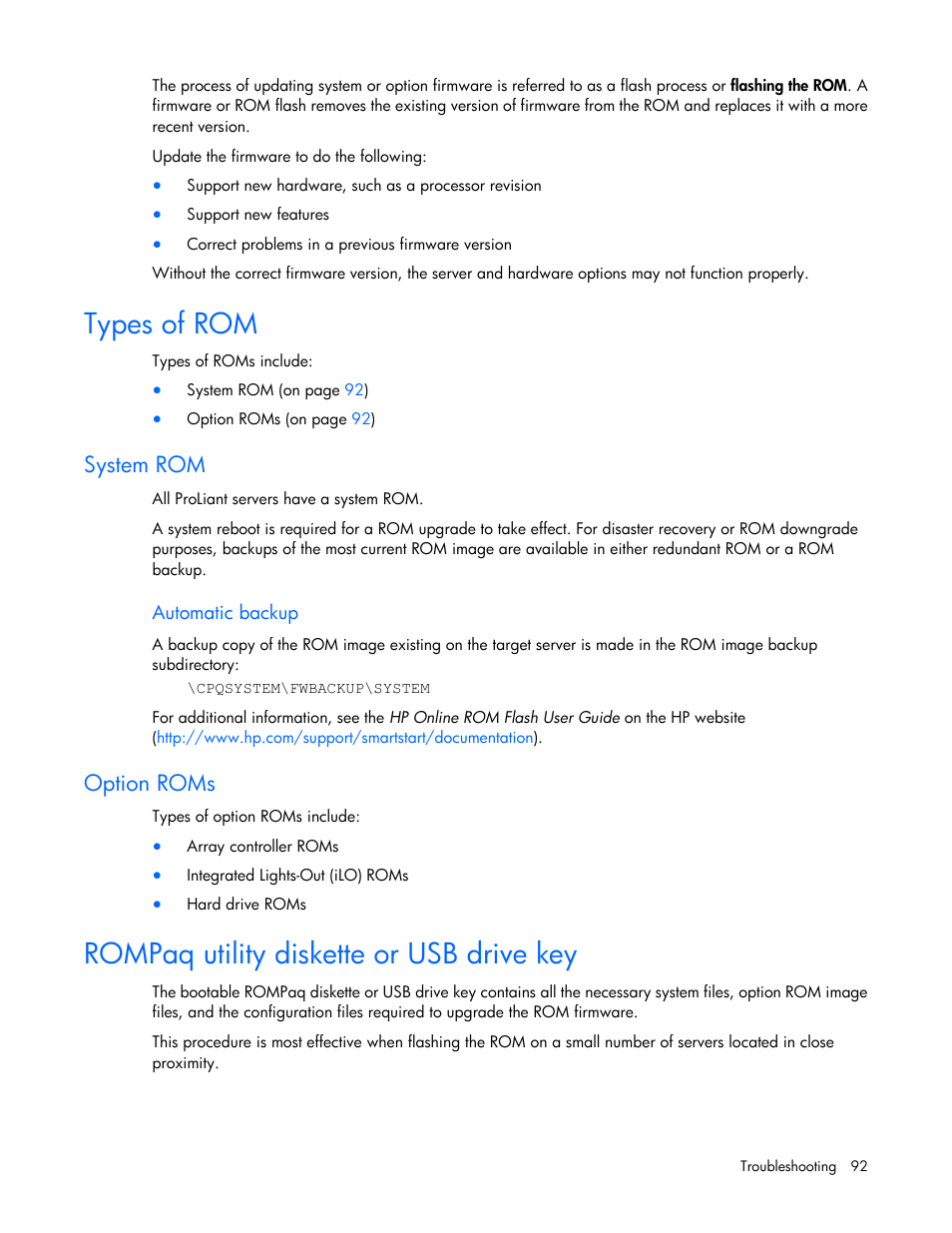 Types of rom, System rom, Automatic backup | Option roms, Rompaq utility diskette or usb drive key | HP ProLiant ML110 G2 Server User Manual | Page 92 / 116