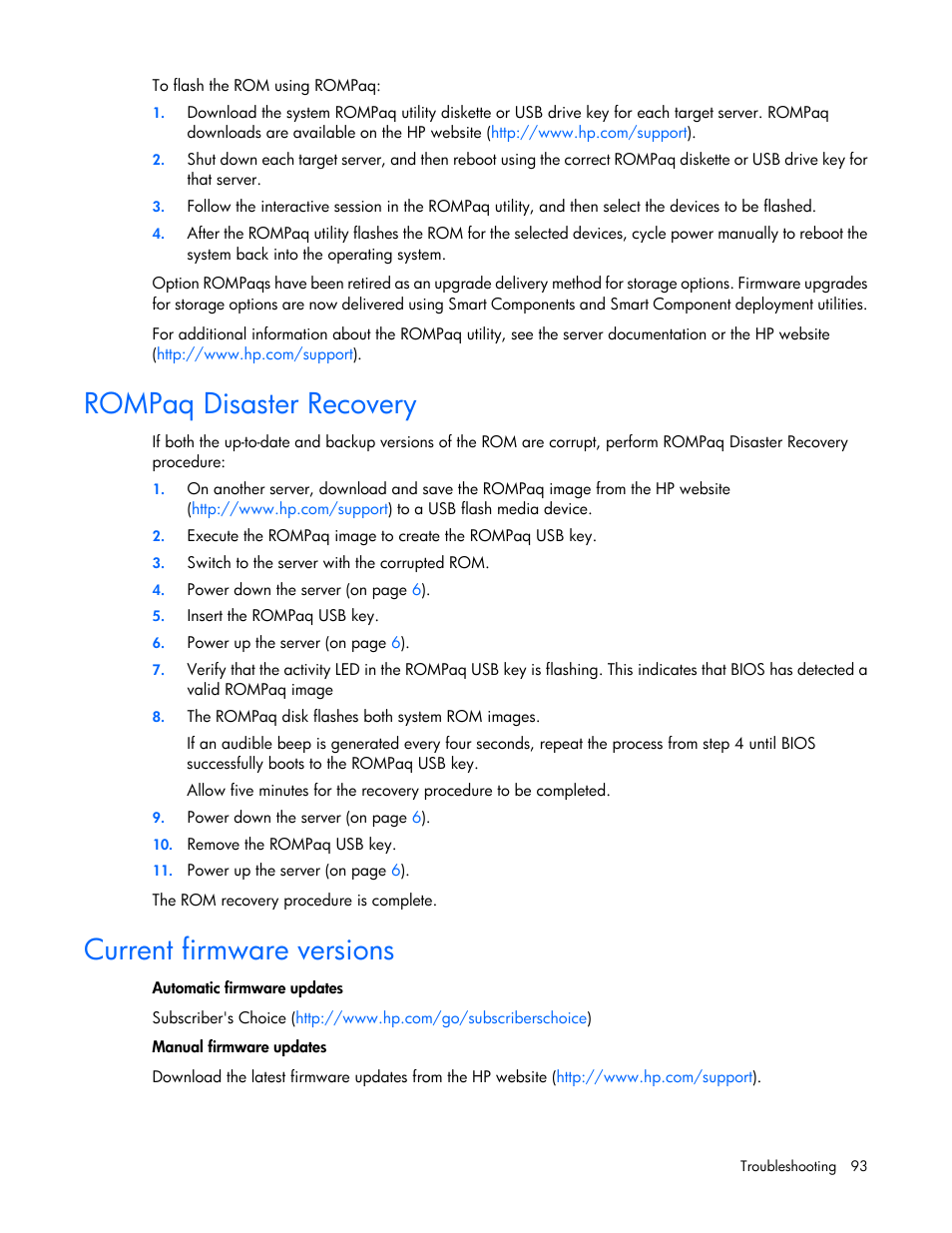 Rompaq disaster recovery, Current firmware versions | HP ProLiant ML110 G2 Server User Manual | Page 93 / 116