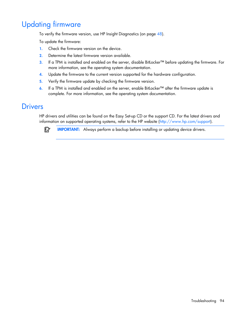 Updating firmware, Drivers | HP ProLiant ML110 G2 Server User Manual | Page 94 / 116