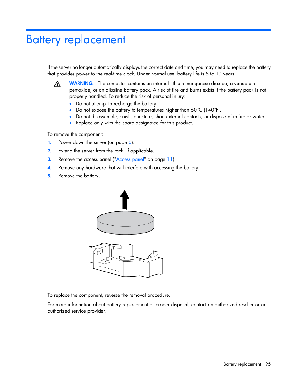 Battery replacement | HP ProLiant ML110 G2 Server User Manual | Page 95 / 116