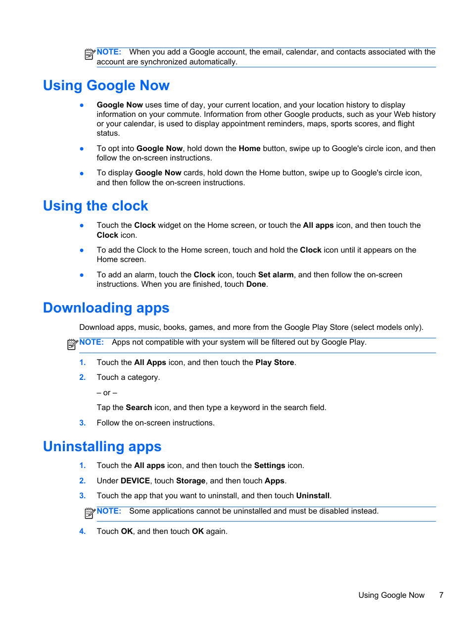 Using google now, Using the clock, Downloading apps | Uninstalling apps | HP SlateBook 10-h010nr x2 PC User Manual | Page 11 / 22