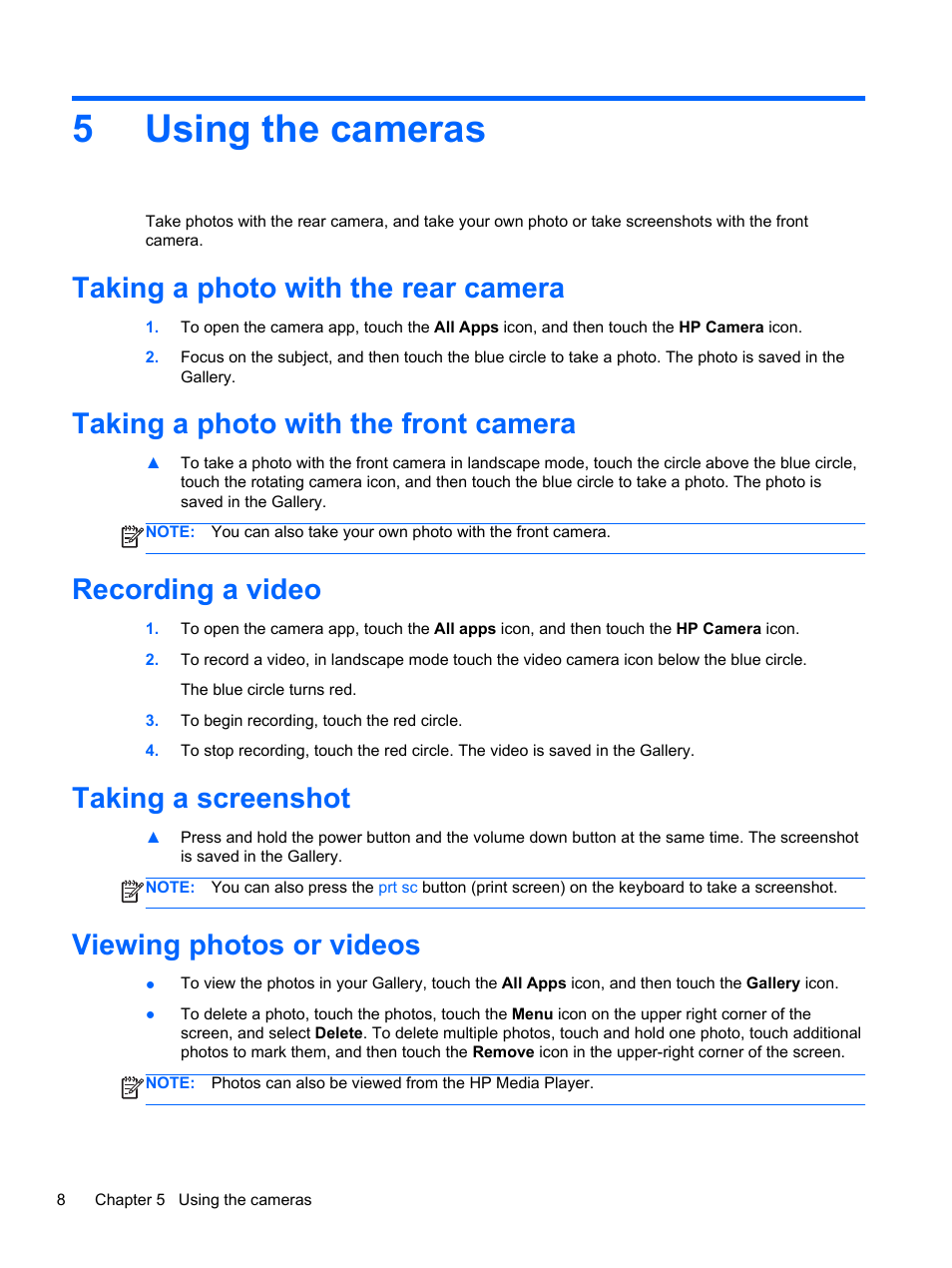 Using the cameras, Taking a photo with the rear camera, Taking a photo with the front camera | Recording a video, Taking a screenshot, Viewing photos or videos, 5 using the cameras, 5using the cameras | HP SlateBook 10-h010nr x2 PC User Manual | Page 12 / 22