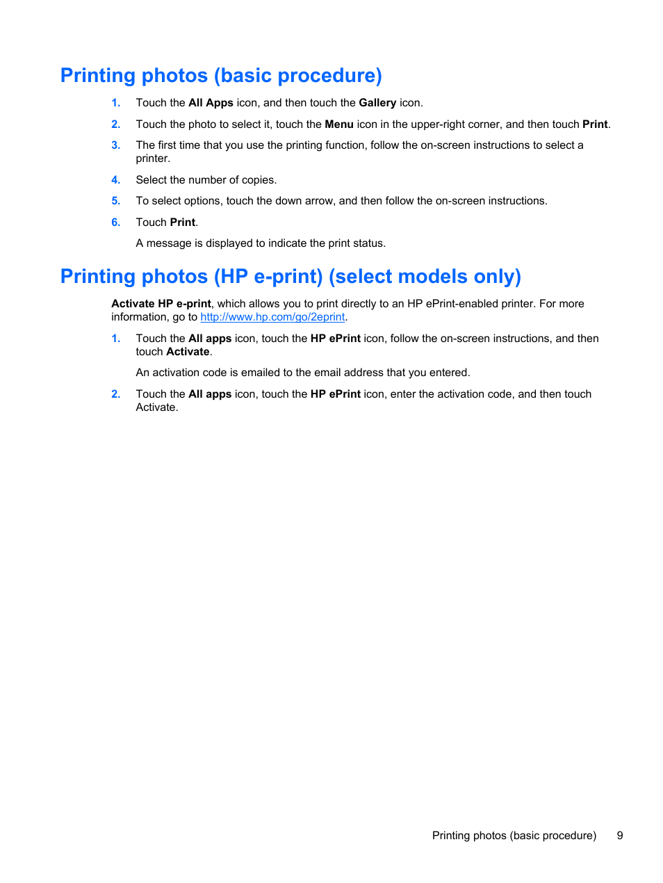 Printing photos (basic procedure), Printing photos (hp e-print) (select models only) | HP SlateBook 10-h010nr x2 PC User Manual | Page 13 / 22