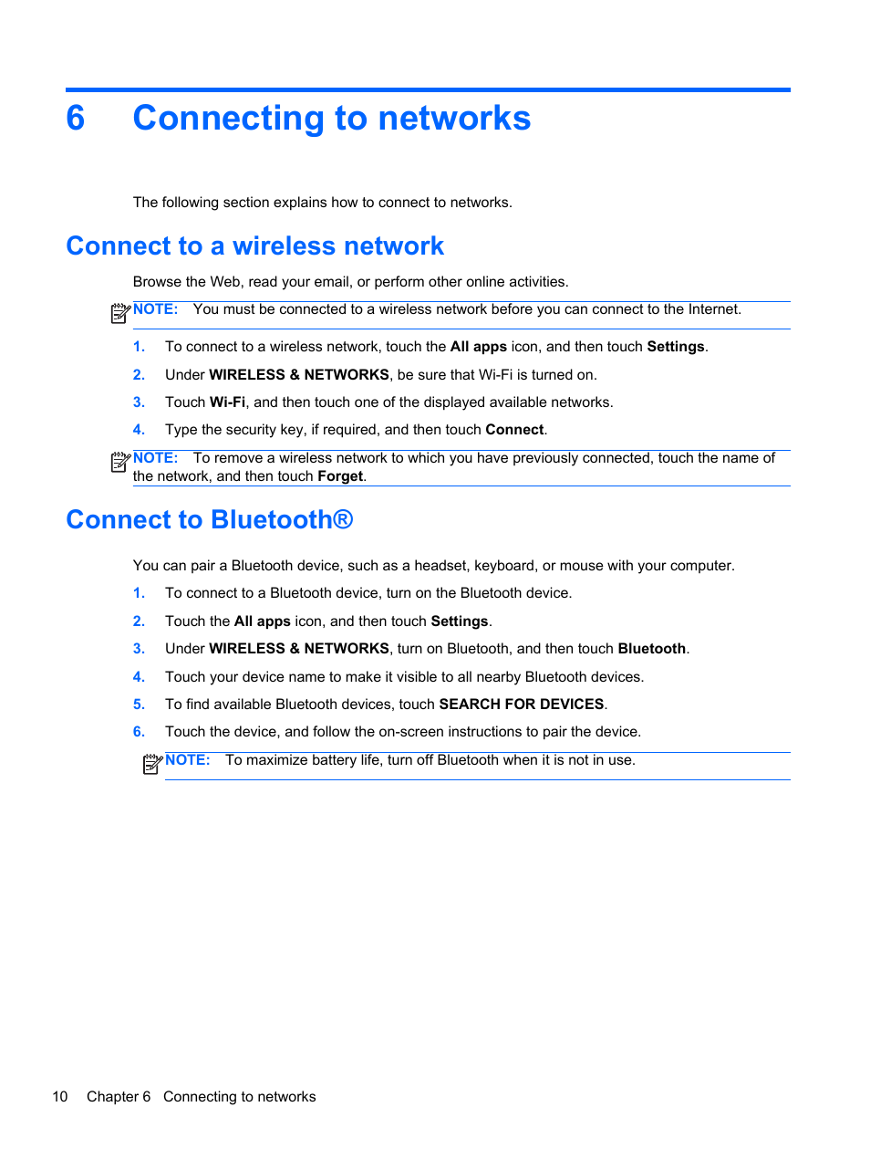 Connecting to networks, Connect to a wireless network, Connect to bluetooth | 6 connecting to networks, Connect to a wireless network connect to bluetooth, 6connecting to networks | HP SlateBook 10-h010nr x2 PC User Manual | Page 14 / 22