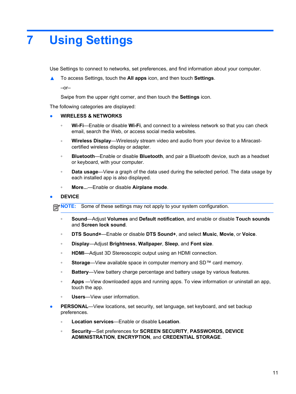 Using settings, 7 using settings, 7using settings | HP SlateBook 10-h010nr x2 PC User Manual | Page 15 / 22