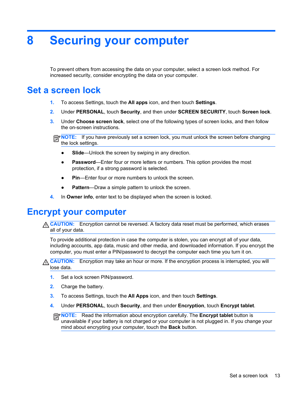 Securing your computer, Set a screen lock, Encrypt your computer | 8 securing your computer, 8securing your computer | HP SlateBook 10-h010nr x2 PC User Manual | Page 17 / 22